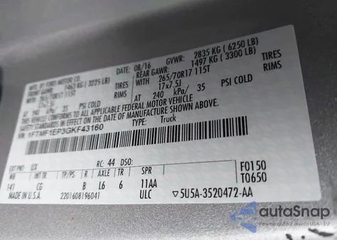 2016 Ford F-150 Xl из США, поврежденный, VIN 1FTMF1EP3GKF43160